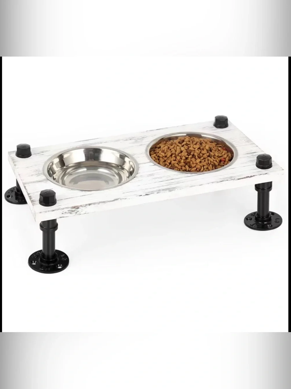 Elevated Pet Dish -Whitewash~Grey W/Black Pipe legs & 2 Stainless Steel bowls 🆕